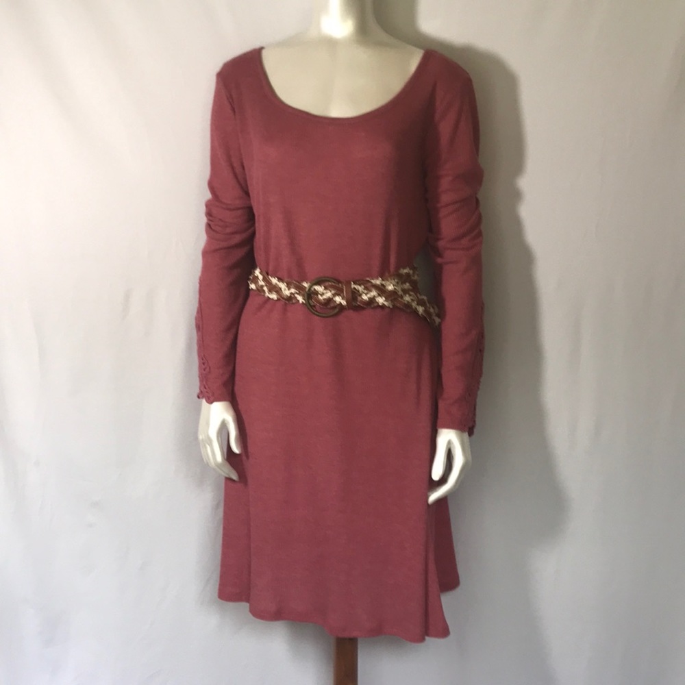 Long sleeved Dusty Rose Waffle Knit and Lace Dress